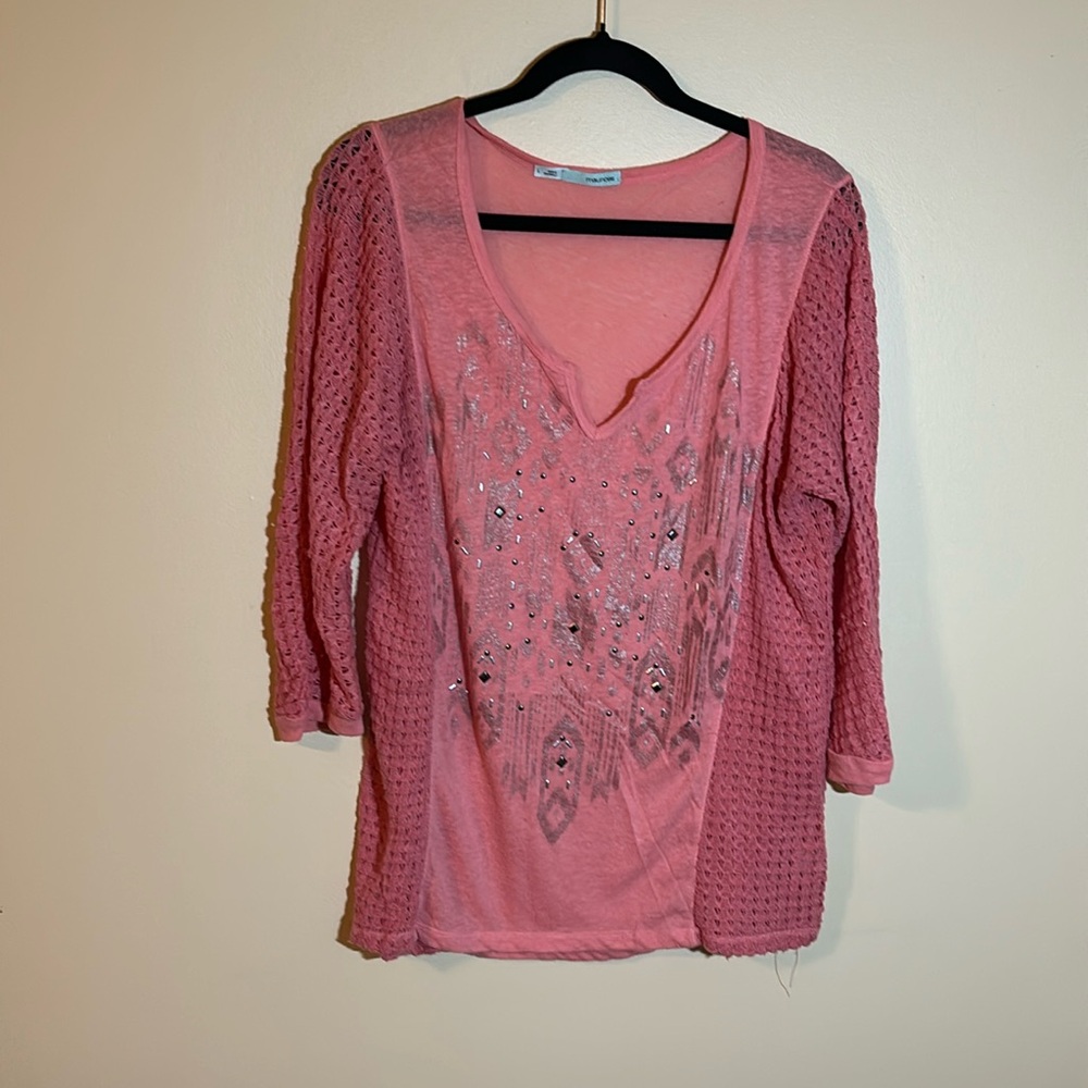 Pink southwest style top with silver and gunmetal accents.  *Vest not included.*